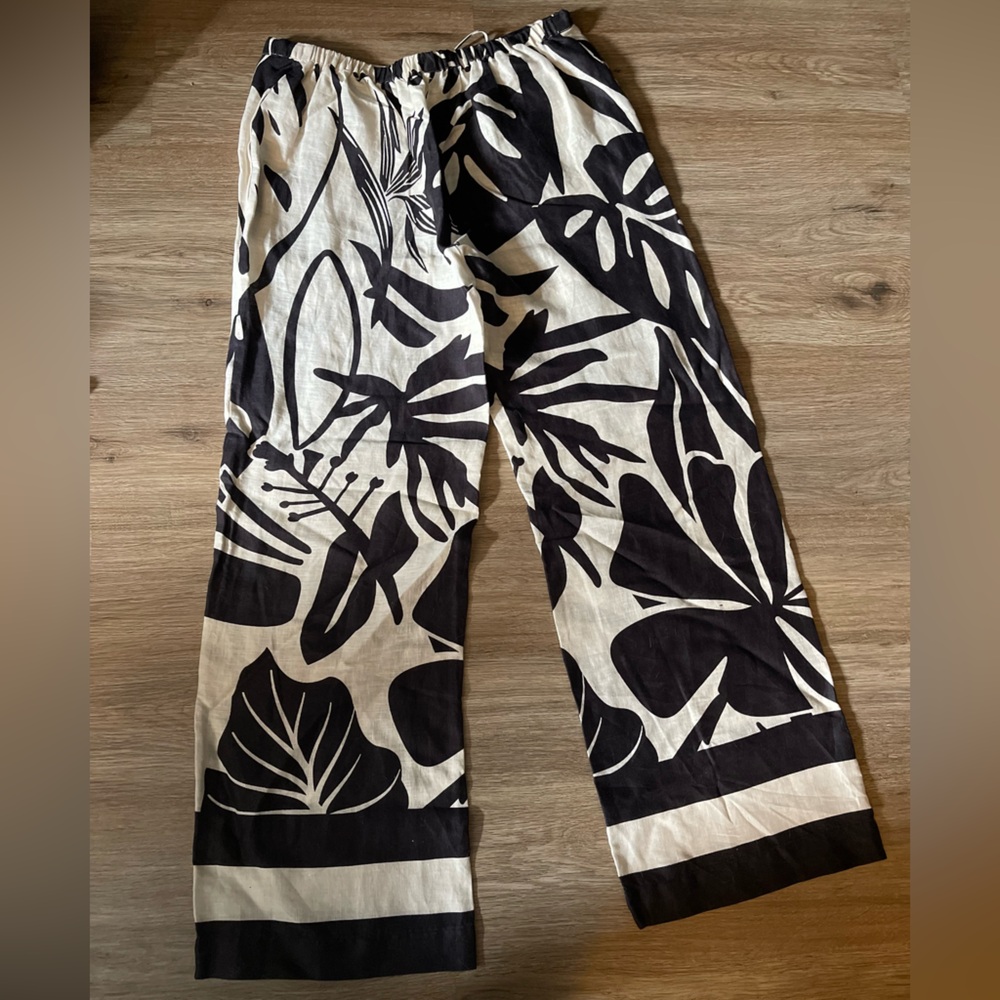 Magaschoni Linen Tropical Palm Print Wide-Leg Pants (Size M) — New Without Tags - Picture 4 of 8